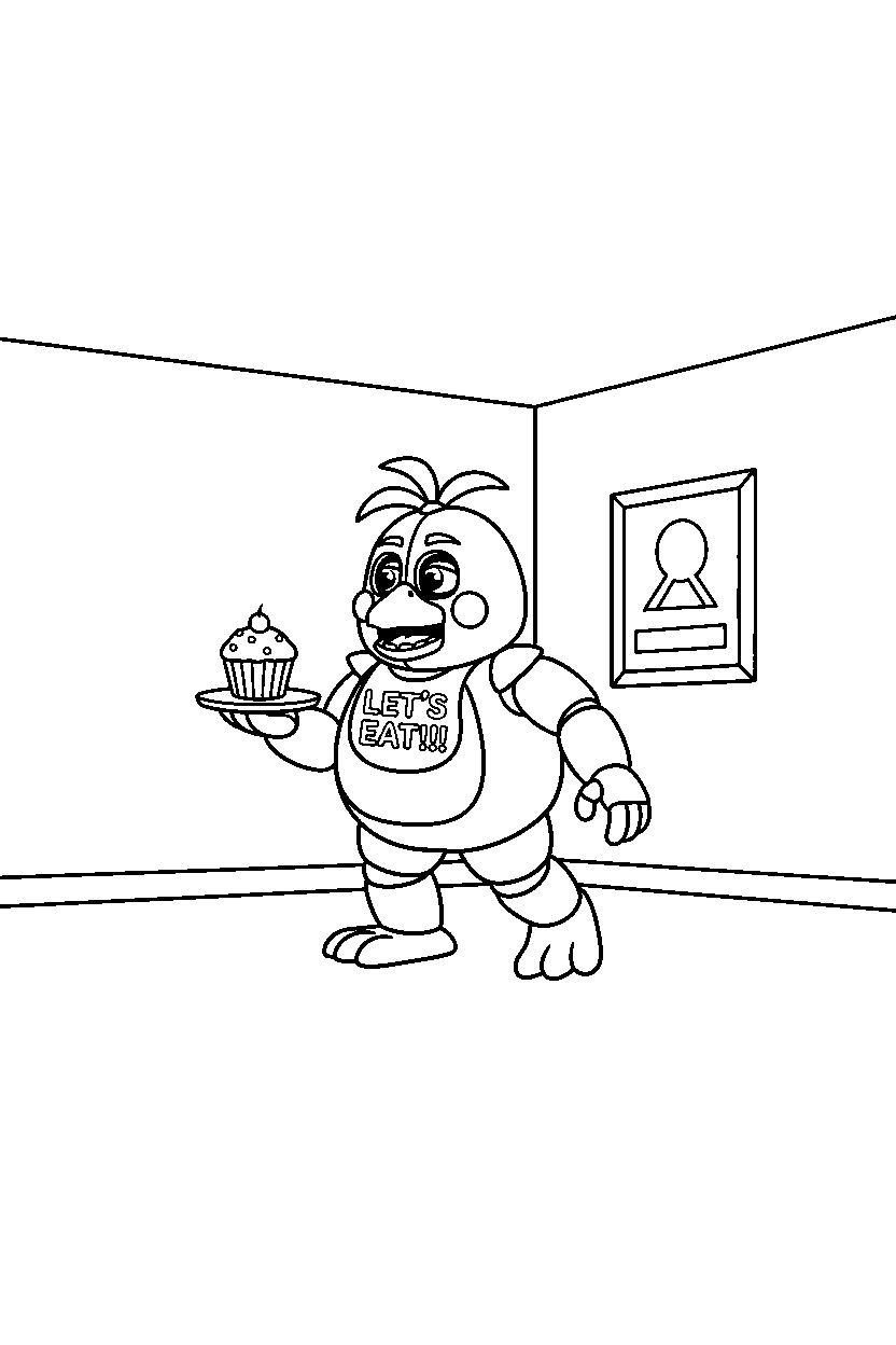 fnaf chica walking slowly in corner area line art