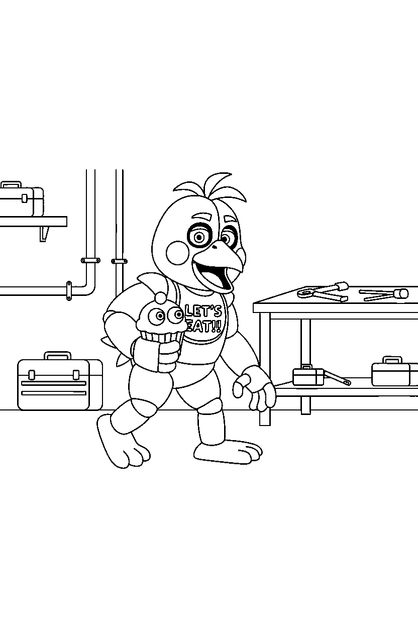 fnaf chica walking slowly in maintenance room line art