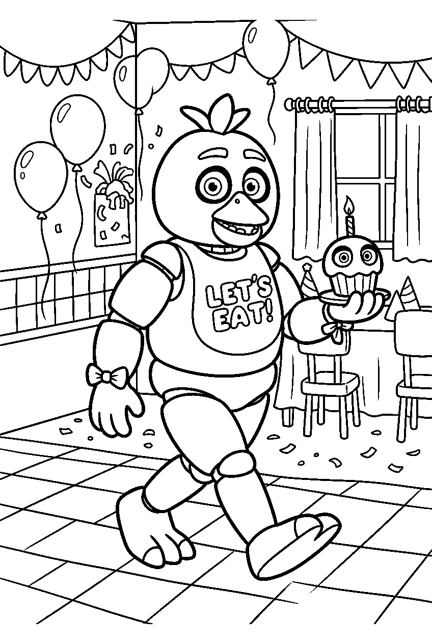 fnaf chica walking slowly in party room line art
