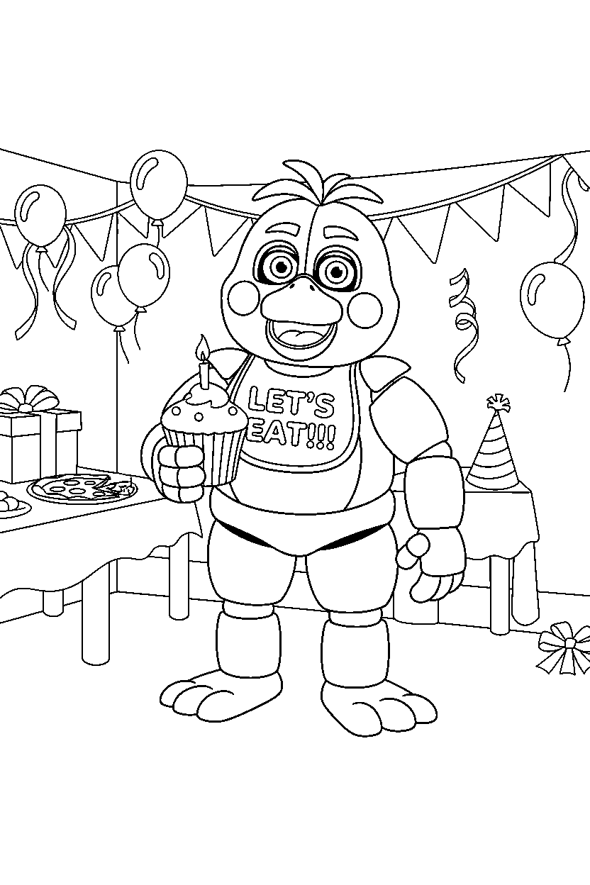 fnaf chica watching in celebration room line art