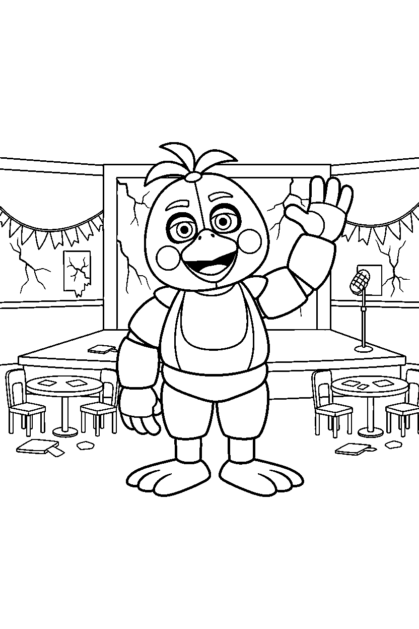 fnaf chica waving in abandoned pizzeria line art