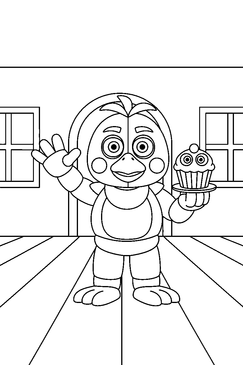 fnaf chica waving in empty room line art