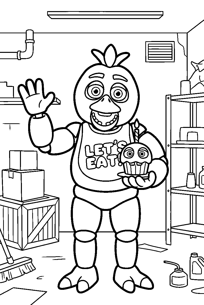 fnaf chica waving in storage room line art