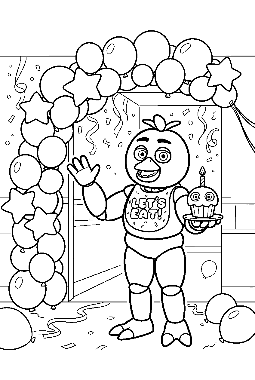 fnaf chica waving with a cupcake beside the balloon arch at the party entrance line art