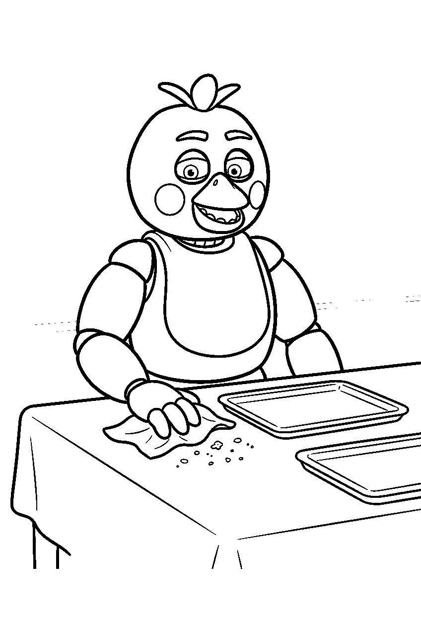 fnaf chica wiping crumbs from a dining table beside empty trays line art