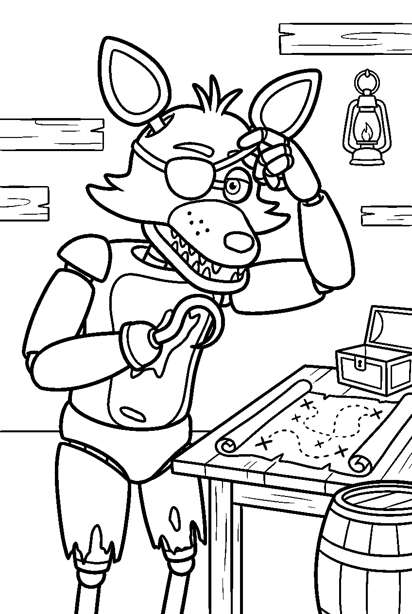 fnaf foxy adjusting his eyepatch beside the treasure map table line art