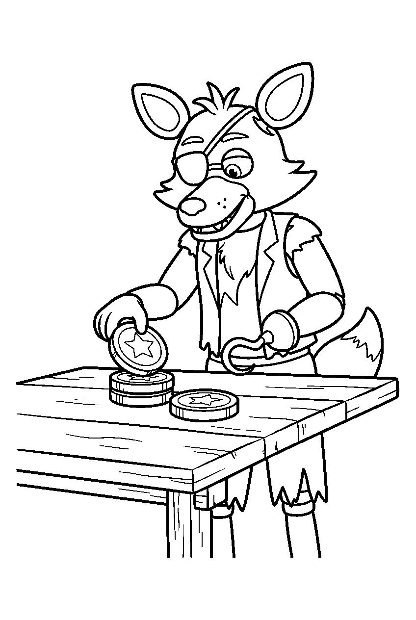 fnaf foxy arranging three large coins on the pirate treasure table line art