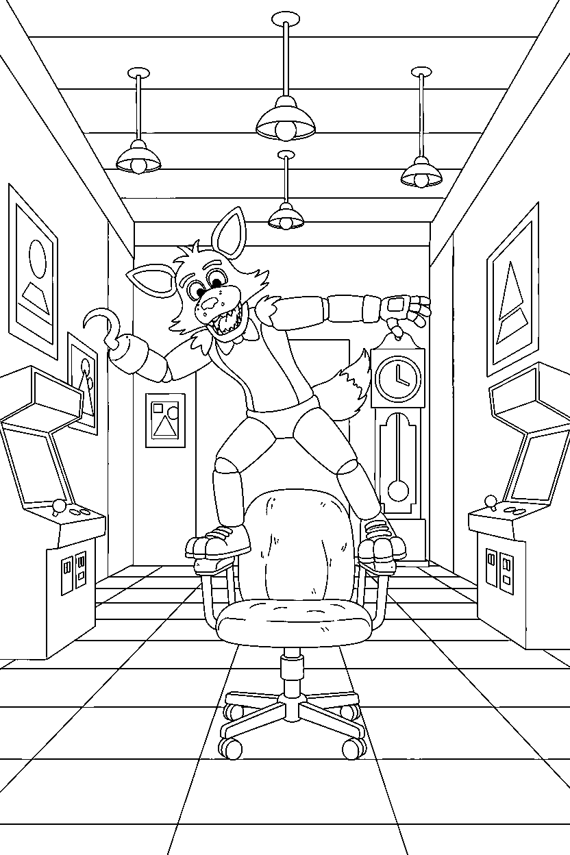 fnaf foxy balancing in late night hallway line art