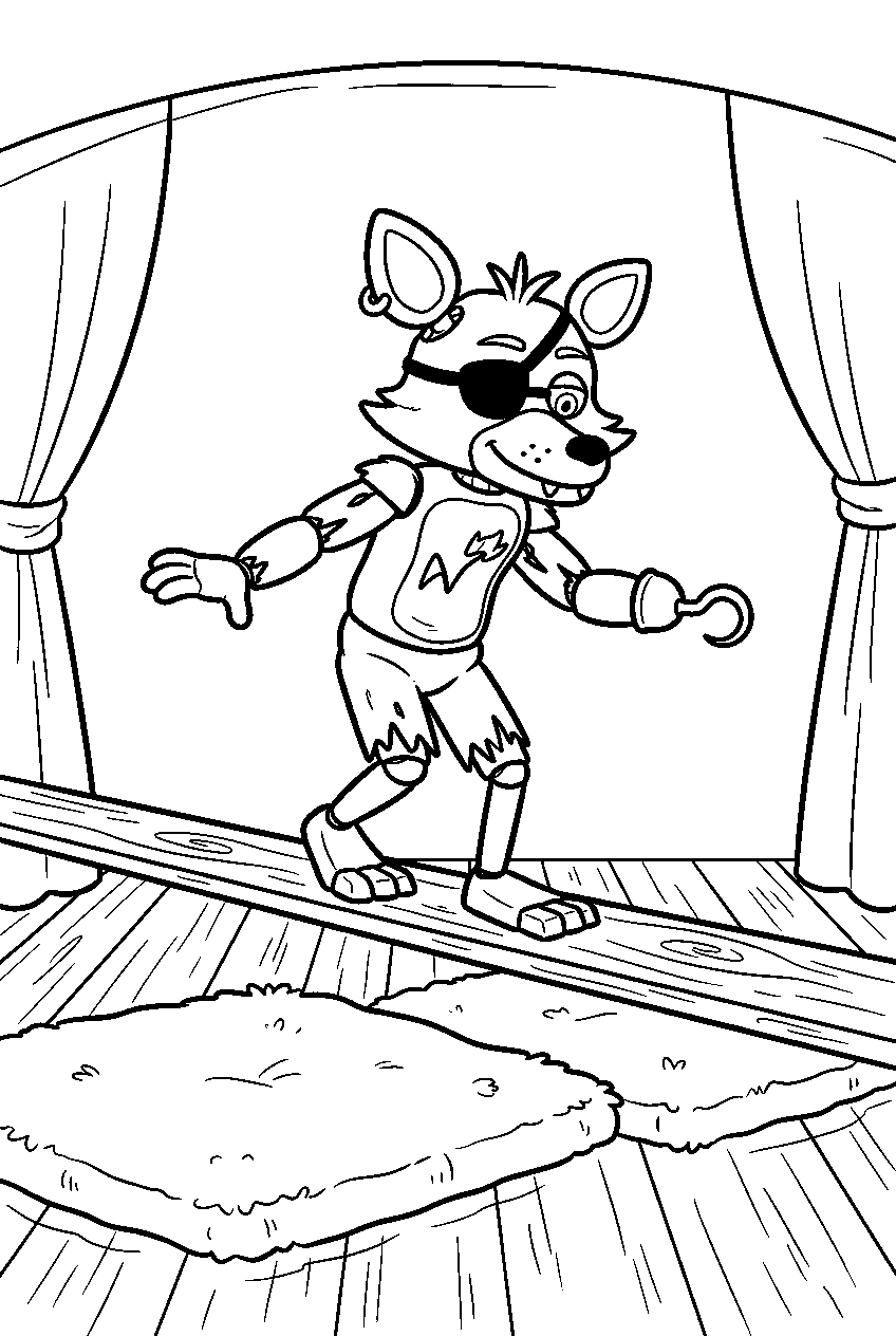 fnaf foxy balancing on a wooden plank above floor mats on the cove stage line art