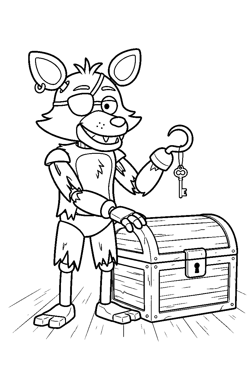 fnaf foxy carrying a small treasure key on his hook beside a closed chest line art
