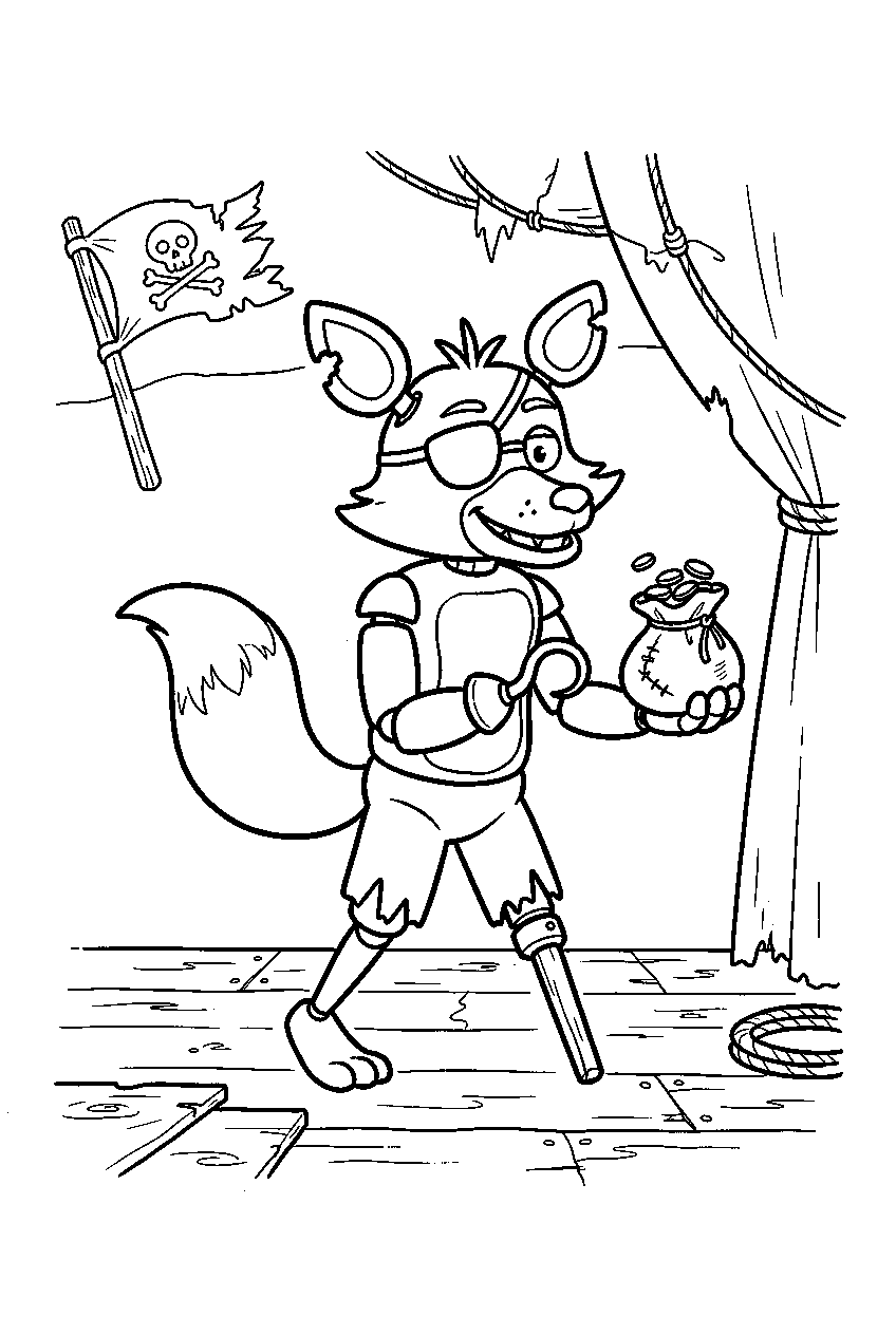 fnaf foxy carrying a small treasure pouch across the pirate cove set line art