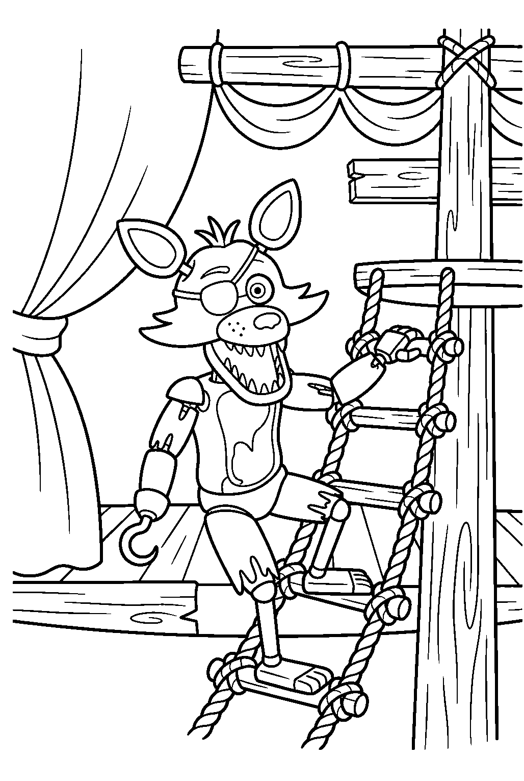 fnaf foxy climbing a short rope ladder on the pirate cove ship set line art