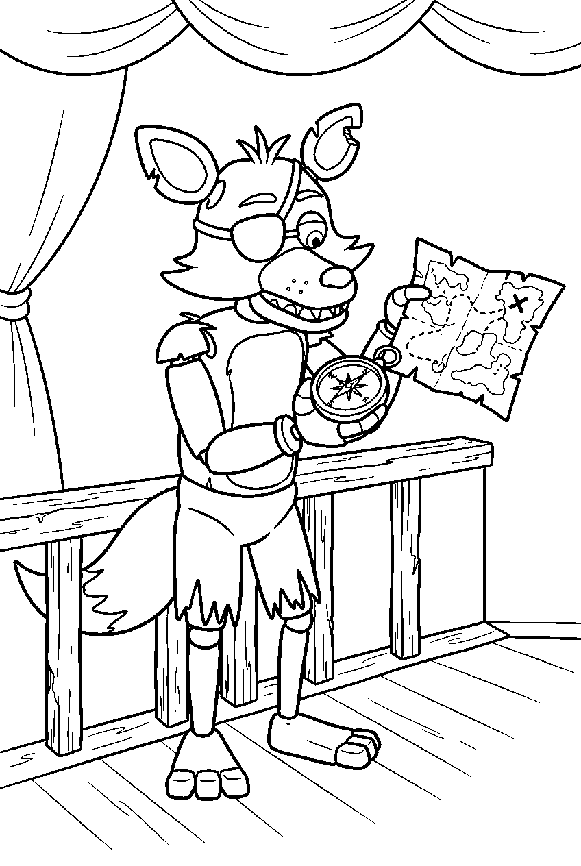 fnaf foxy comparing a treasure map with a compass beside the stage railing line art