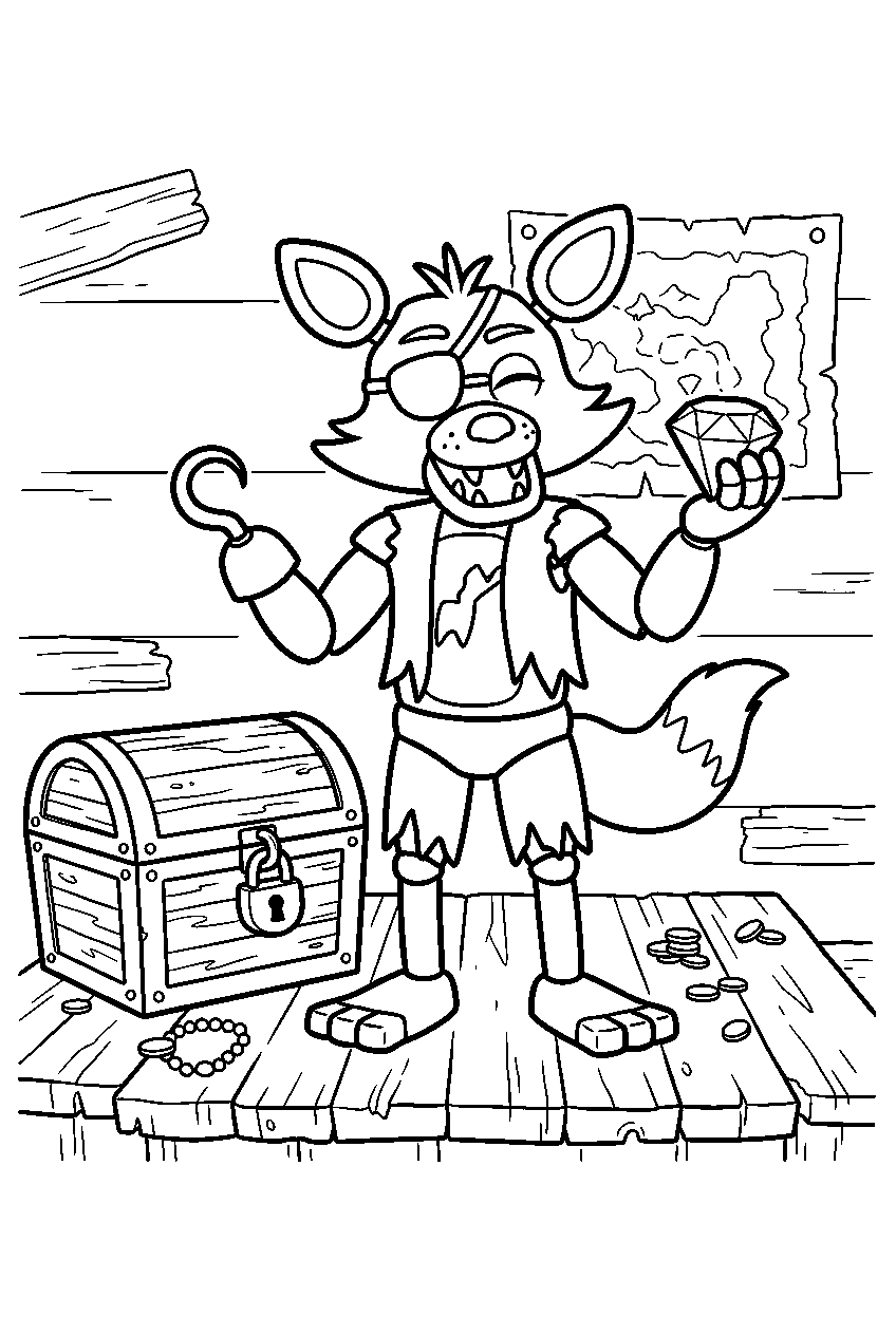 fnaf foxy displaying a large gem beside a closed chest on the treasure platform line art