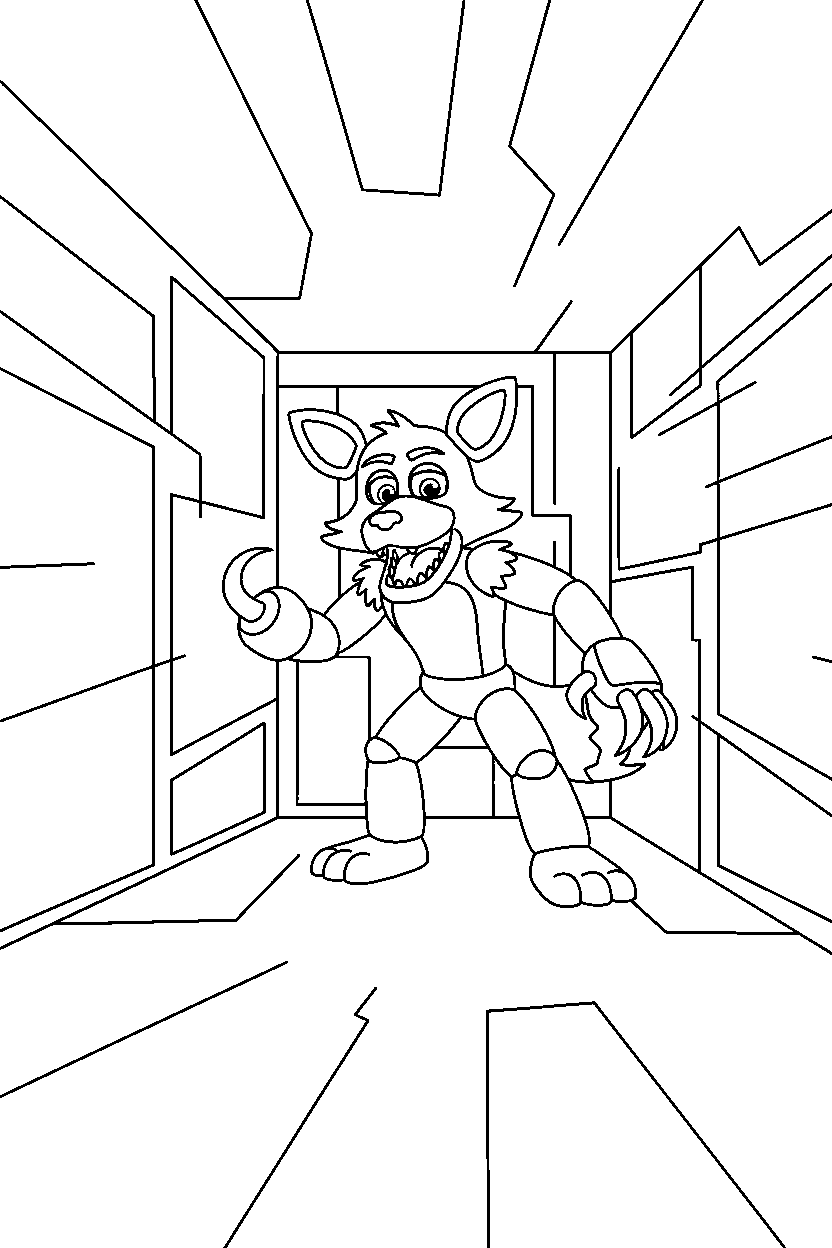 fnaf foxy exploring in glowing room line art
