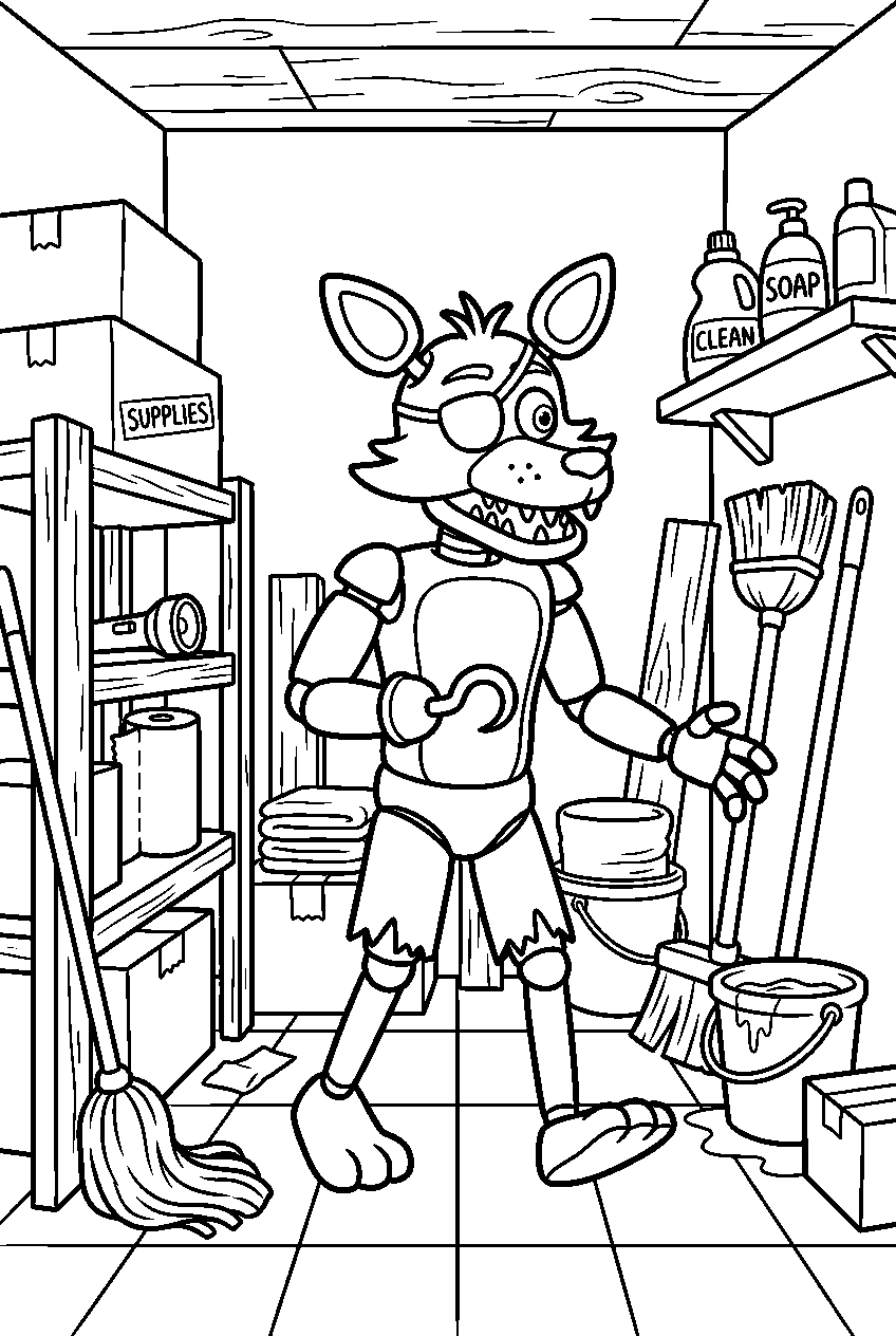 fnaf foxy exploring in supply closet line art