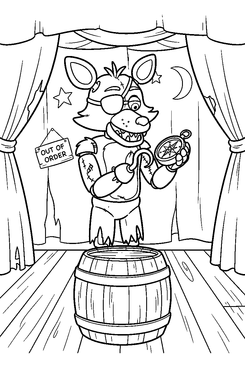 fnaf foxy holding a compass above a barrel on the pirate cove stage line art