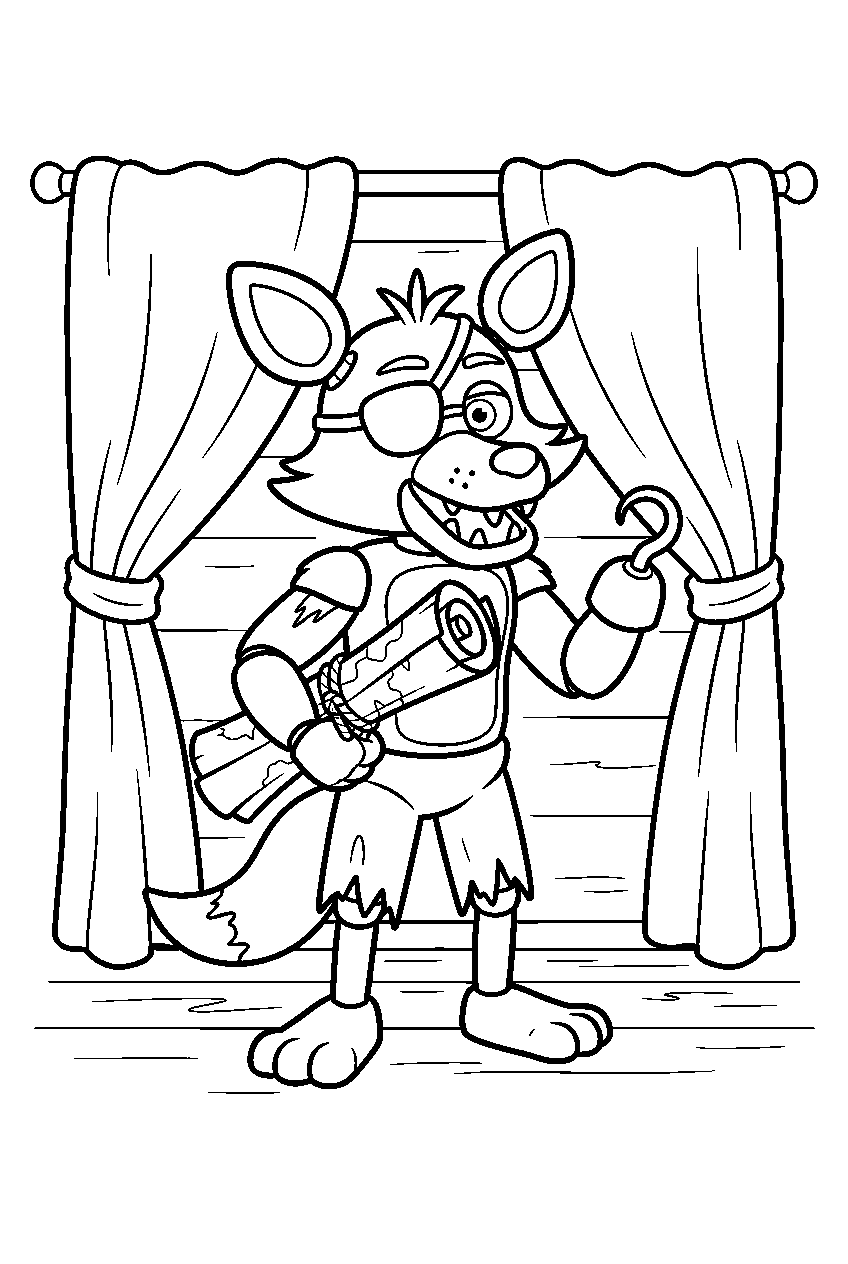 fnaf foxy holding a rolled treasure map under one arm near the cove curtains line art