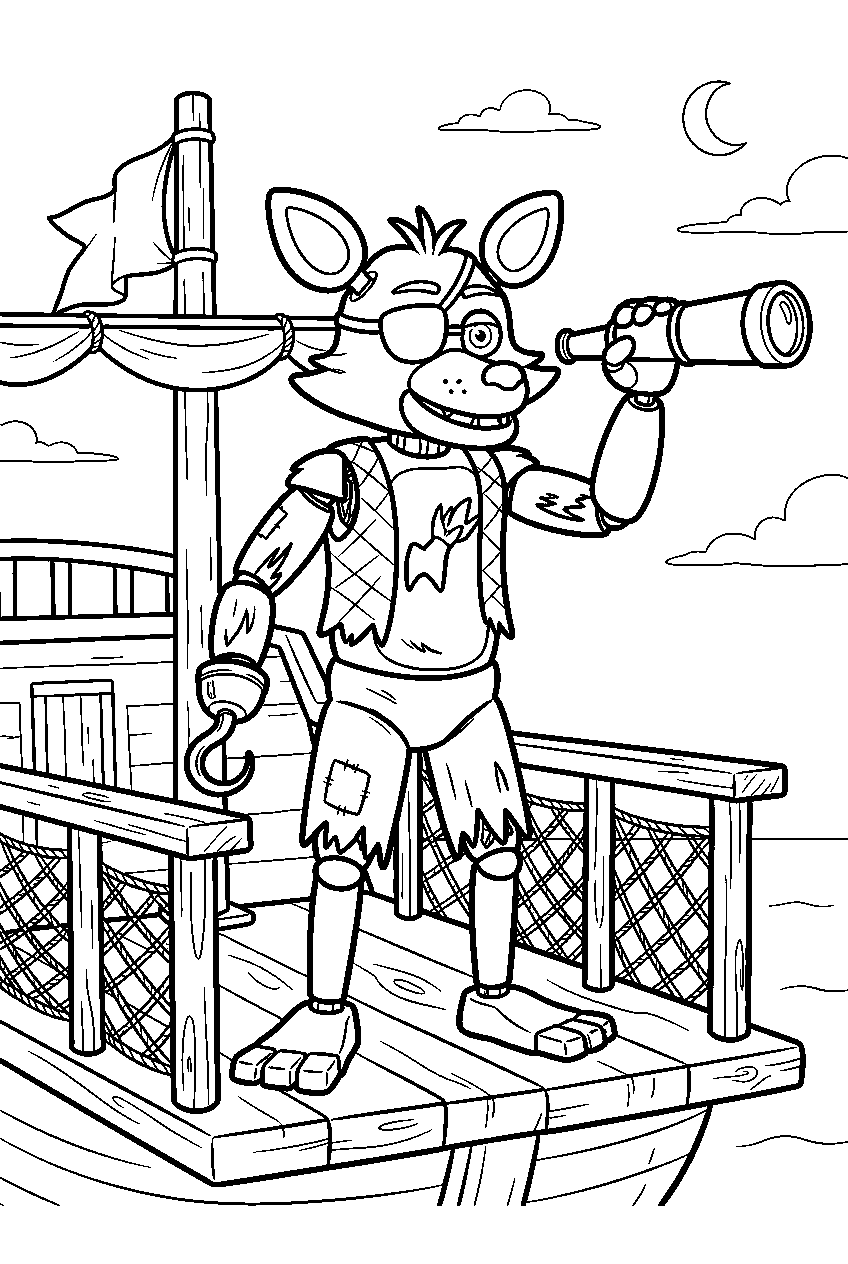 fnaf foxy holding a spyglass and his hook on the pirate lookout platform line art