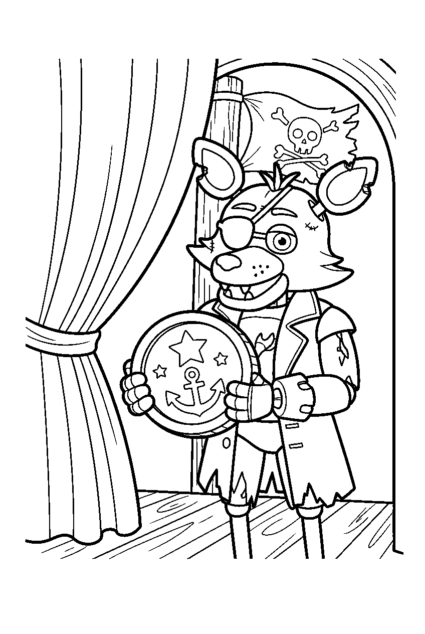 fnaf foxy holding an oversized coin near the pirate flag at the cove entrance line art