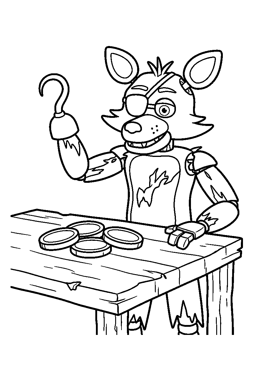 fnaf foxy holding his hook above three large coins on the treasure table line art