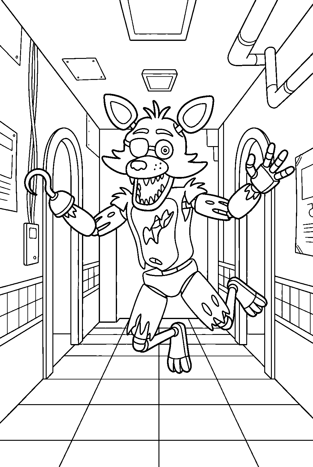 fnaf foxy jumping in hallway line art