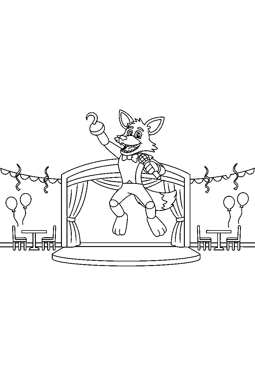 fnaf foxy jumping in stage room line art