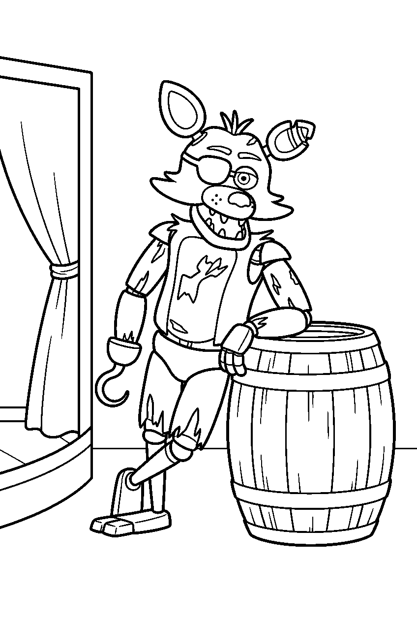 fnaf foxy leaning beside a barrel prop at the edge of the cove stage line art