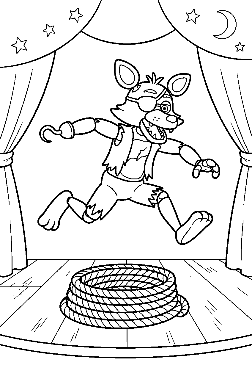fnaf foxy leaping over a rope coil on the pirate cove stage line art