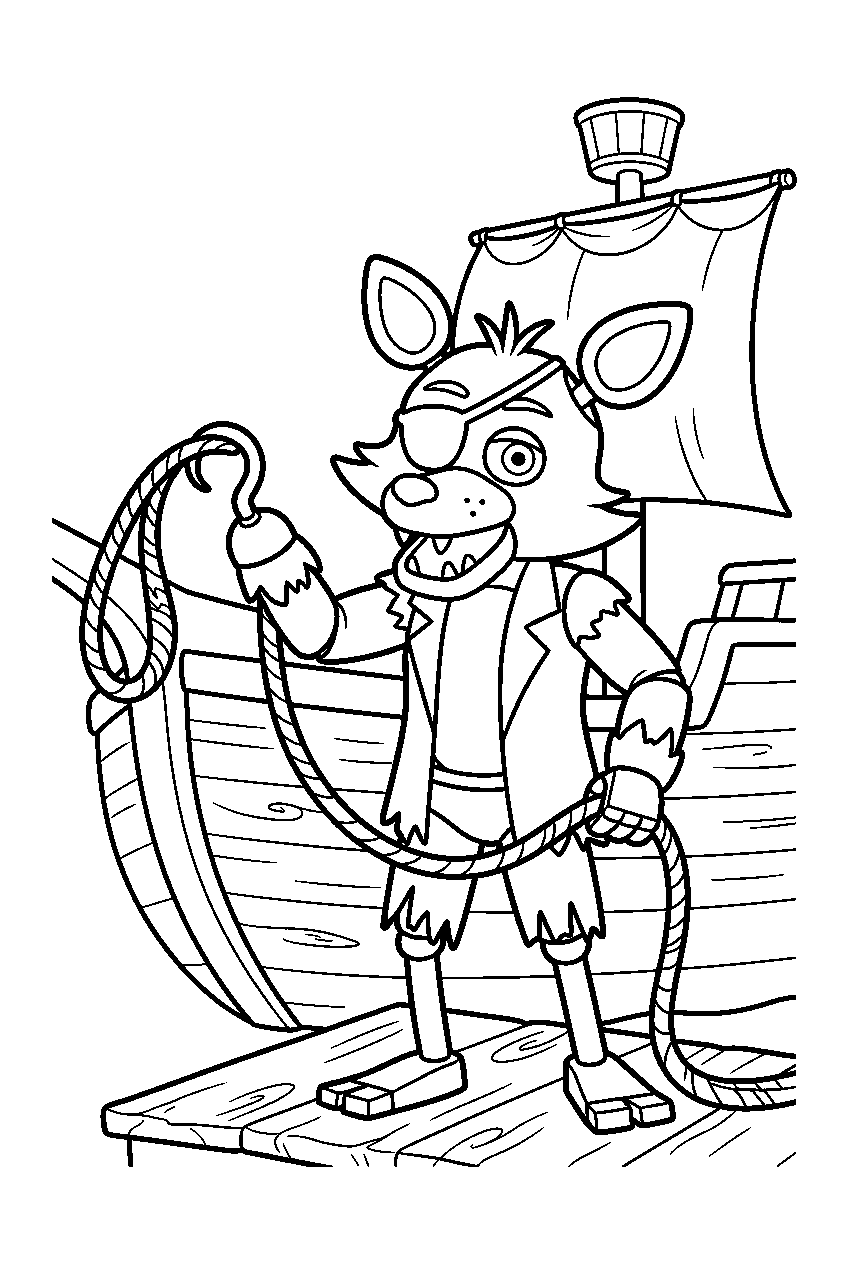 fnaf foxy lifting a rope loop with his hook beside the pirate ship set line art