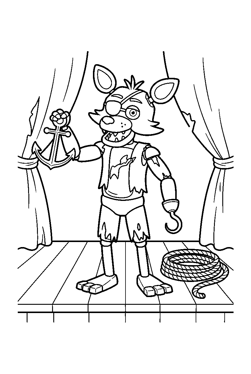 fnaf foxy lifting a small anchor prop beside a coiled rope on the cove platform line art