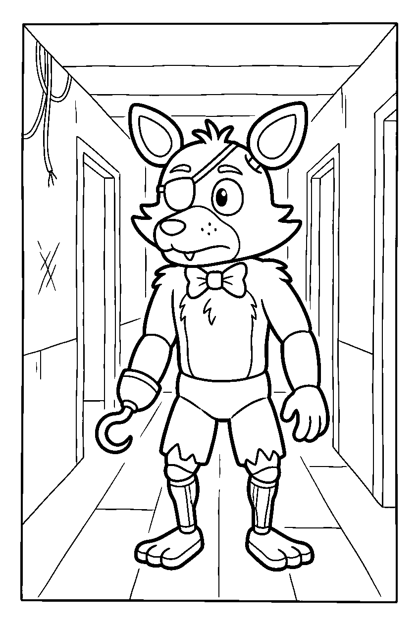 fnaf foxy observing in dark hallway line art