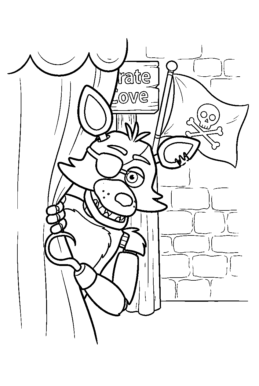 fnaf foxy peeking around a cove curtain beside a pirate flag line art