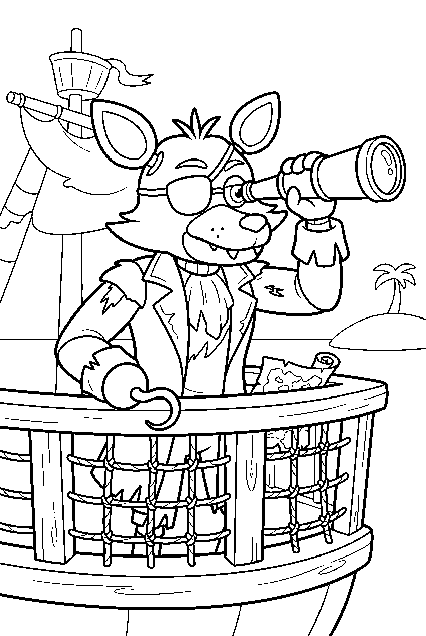 fnaf foxy peering through a spyglass from the pirate lookout platform line art