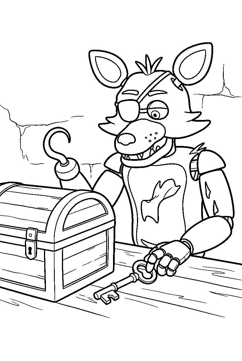 fnaf foxy placing a brass key beside a closed treasure chest line art