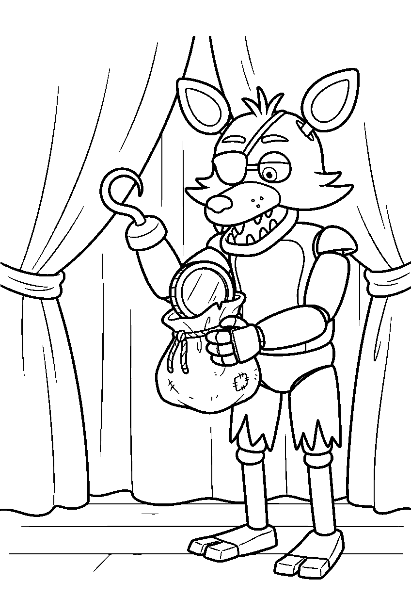 fnaf foxy placing a large coin into a treasure pouch beside the cove curtains line art