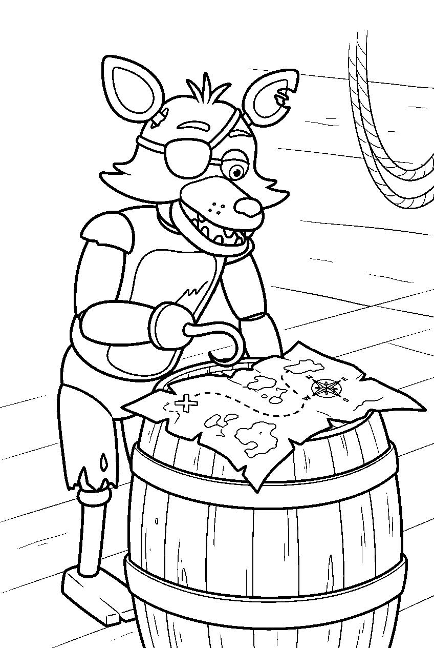 fnaf foxy pointing his hook toward a treasure map spread across a barrel line art