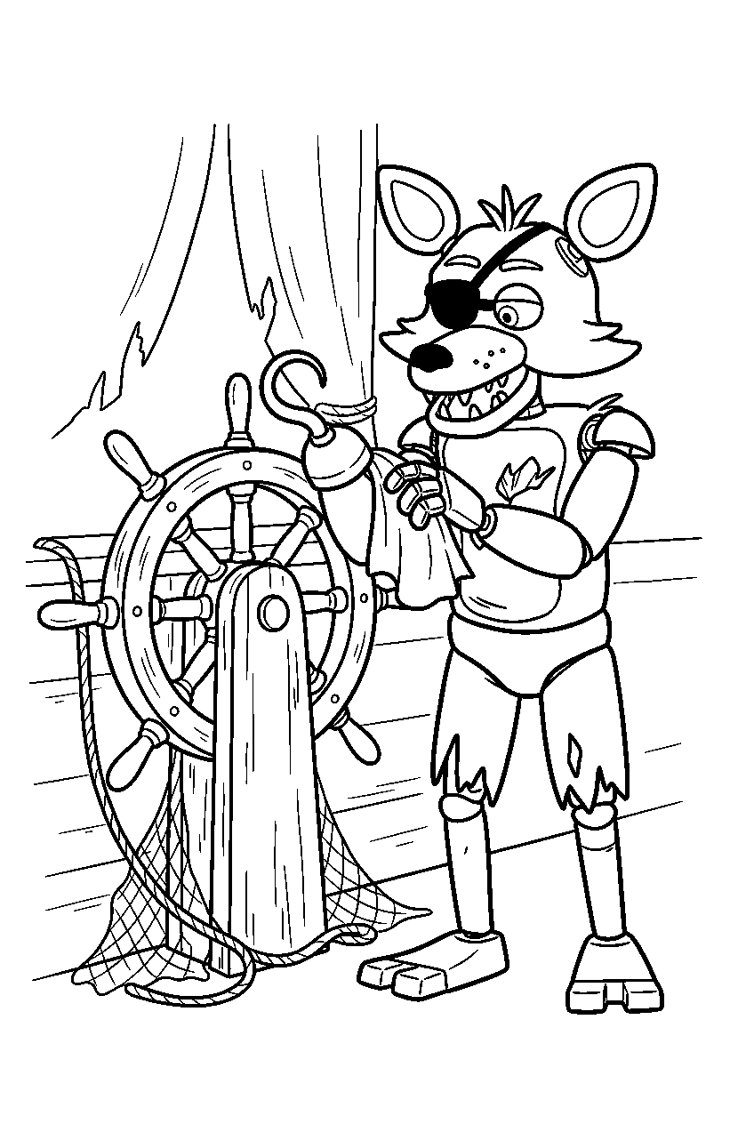 fnaf foxy polishing his hook beside the ship wheel prop in pirate cove line art