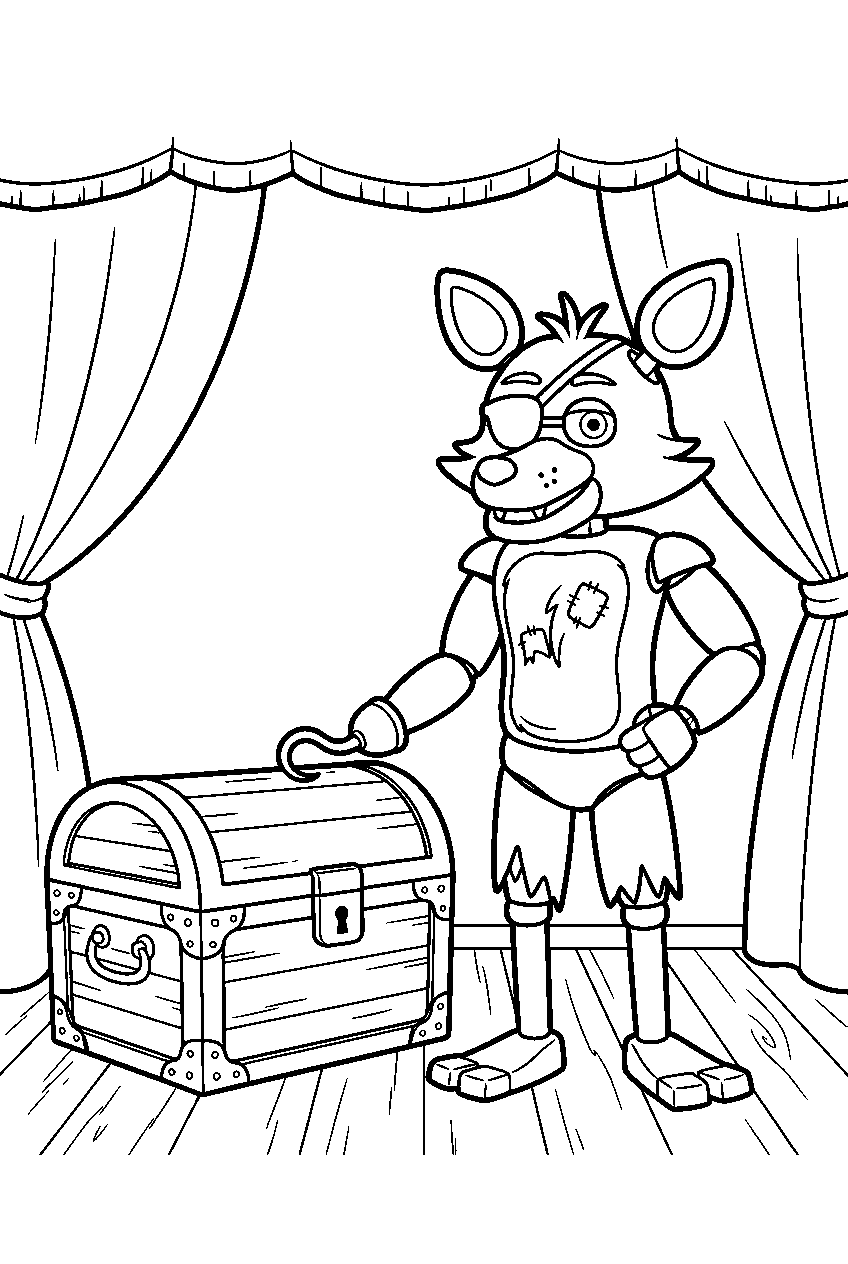 fnaf foxy posing beside a closed treasure chest beneath the cove curtains line art