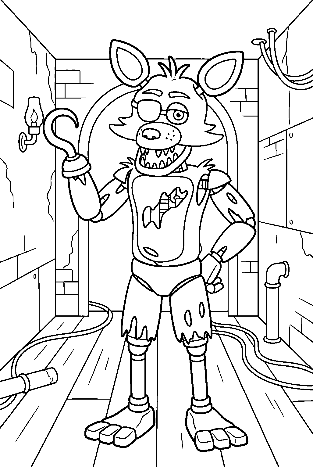 fnaf foxy posing in dark hallway line art