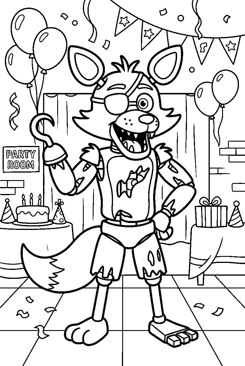 fnaf foxy posing in party room line art