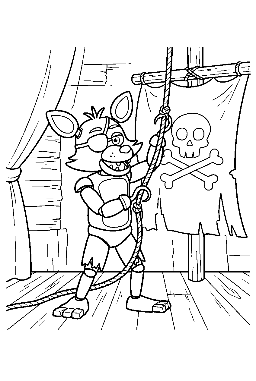 fnaf foxy pulling a rope beside the sail backdrop on the pirate stage line art