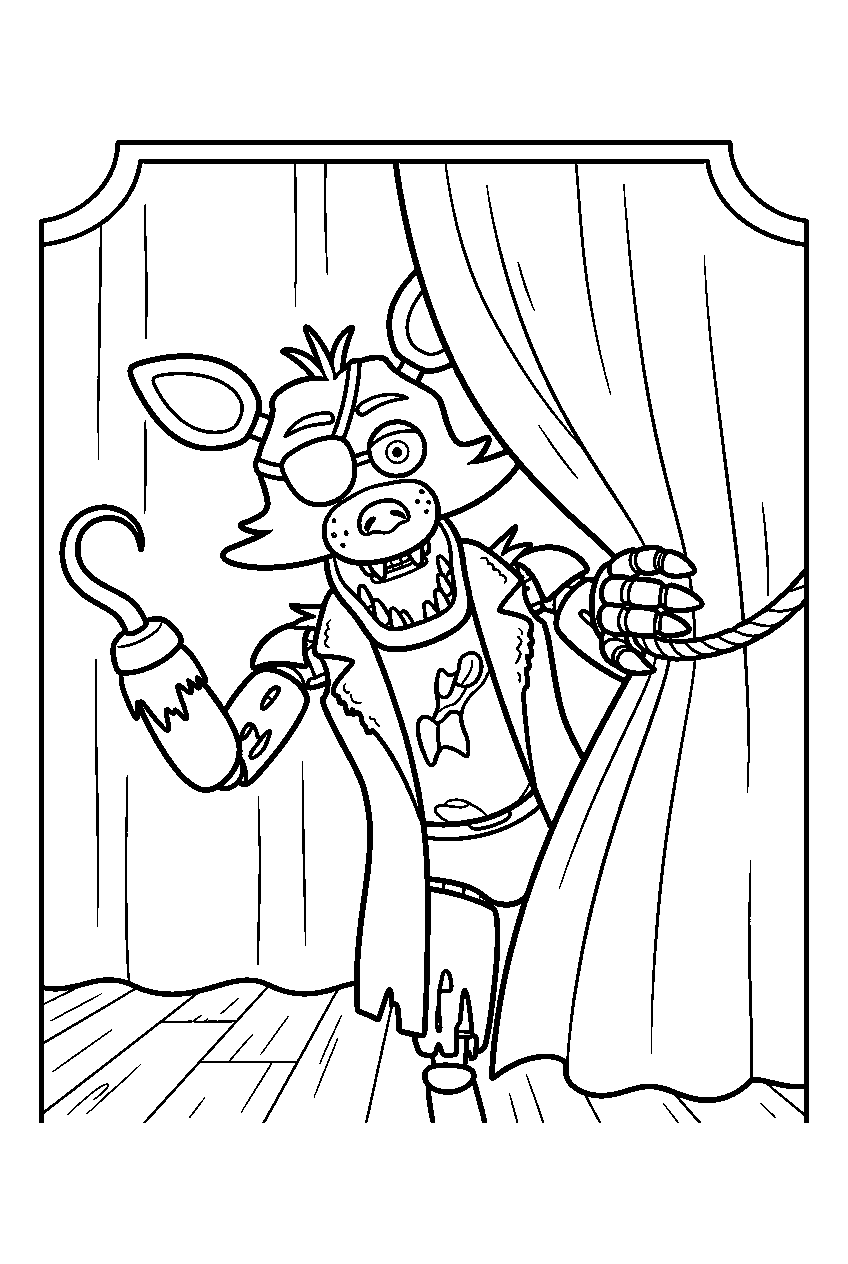 fnaf foxy pulling one curtain open with his left hand on the pirate cove stage line art