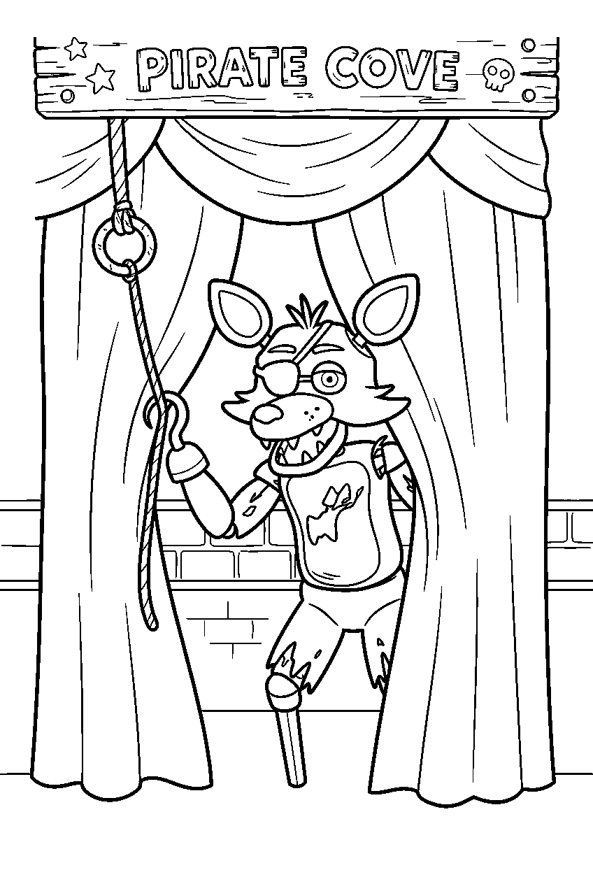 fnaf foxy pulling the curtain cord with his hook at the cove entrance line art