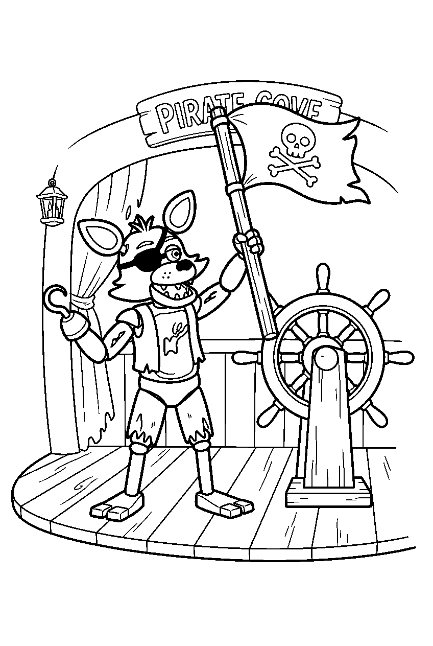 fnaf foxy raising a pirate flag beside the ship wheel on the cove set line art