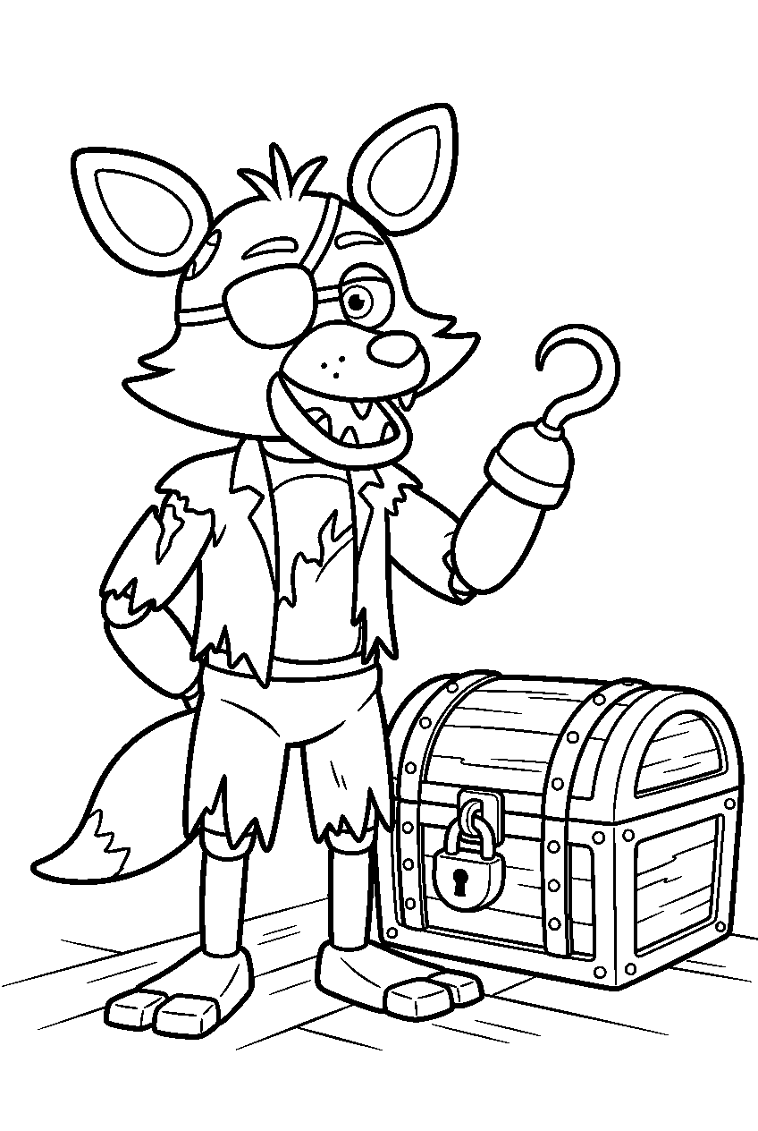 fnaf foxy raising his hook hand beside a closed treasure chest line art