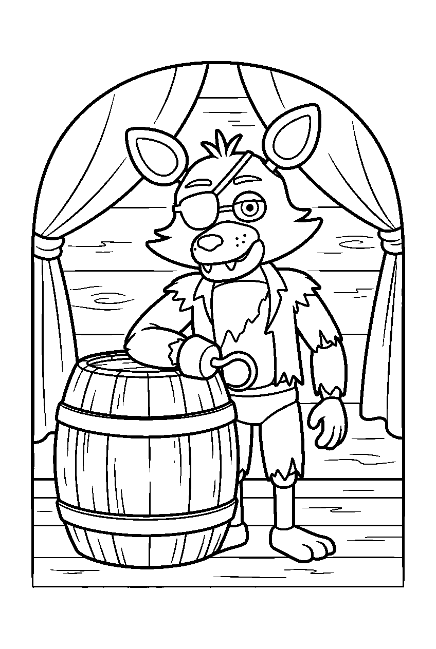 fnaf foxy resting his hook on top of a wooden barrel inside pirate cove line art