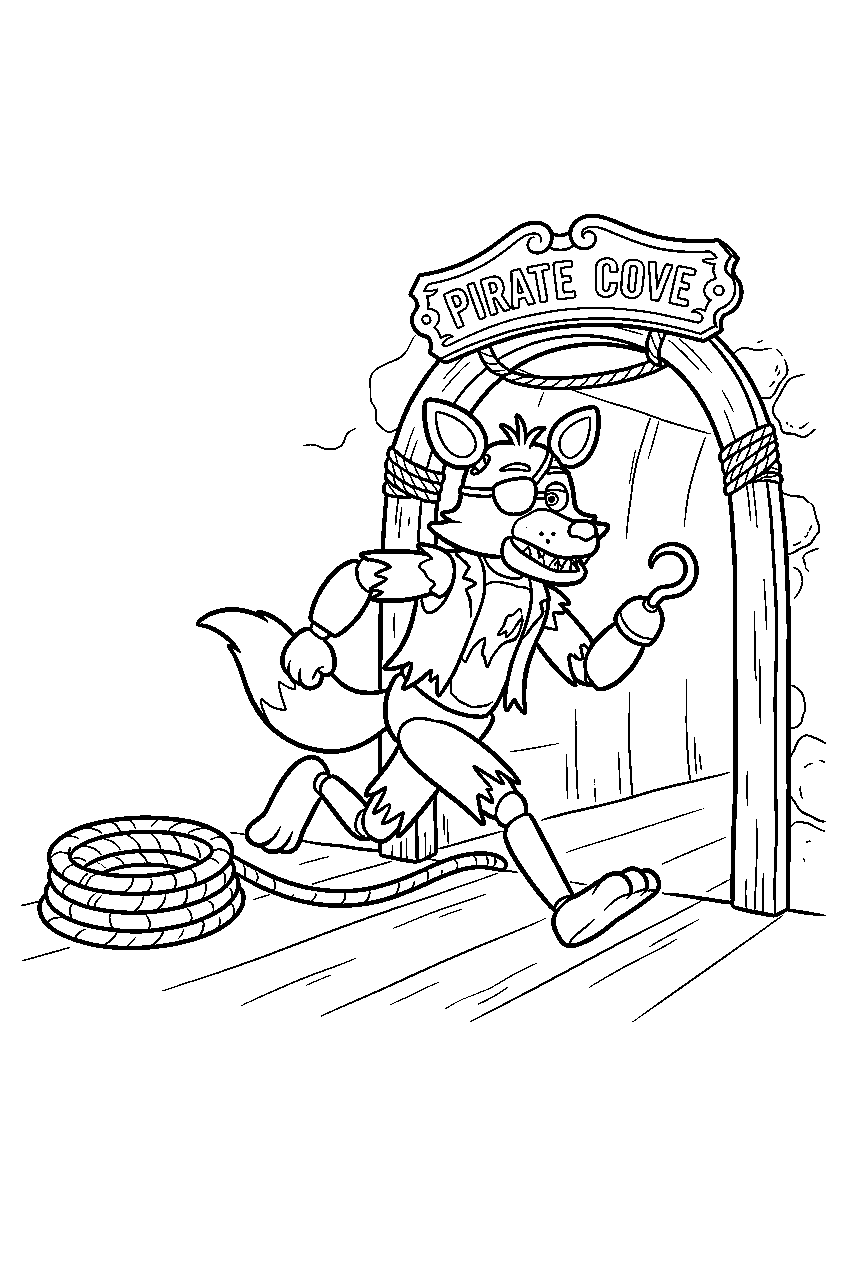 fnaf foxy running toward the cove entrance past coiled ropes line art
