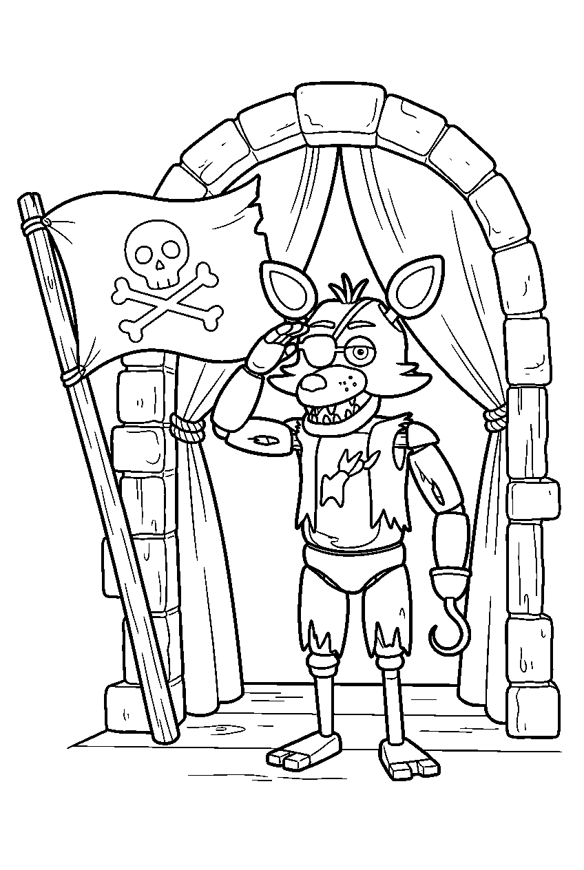 fnaf foxy saluting beside a pirate flag at the pirate cove entrance line art
