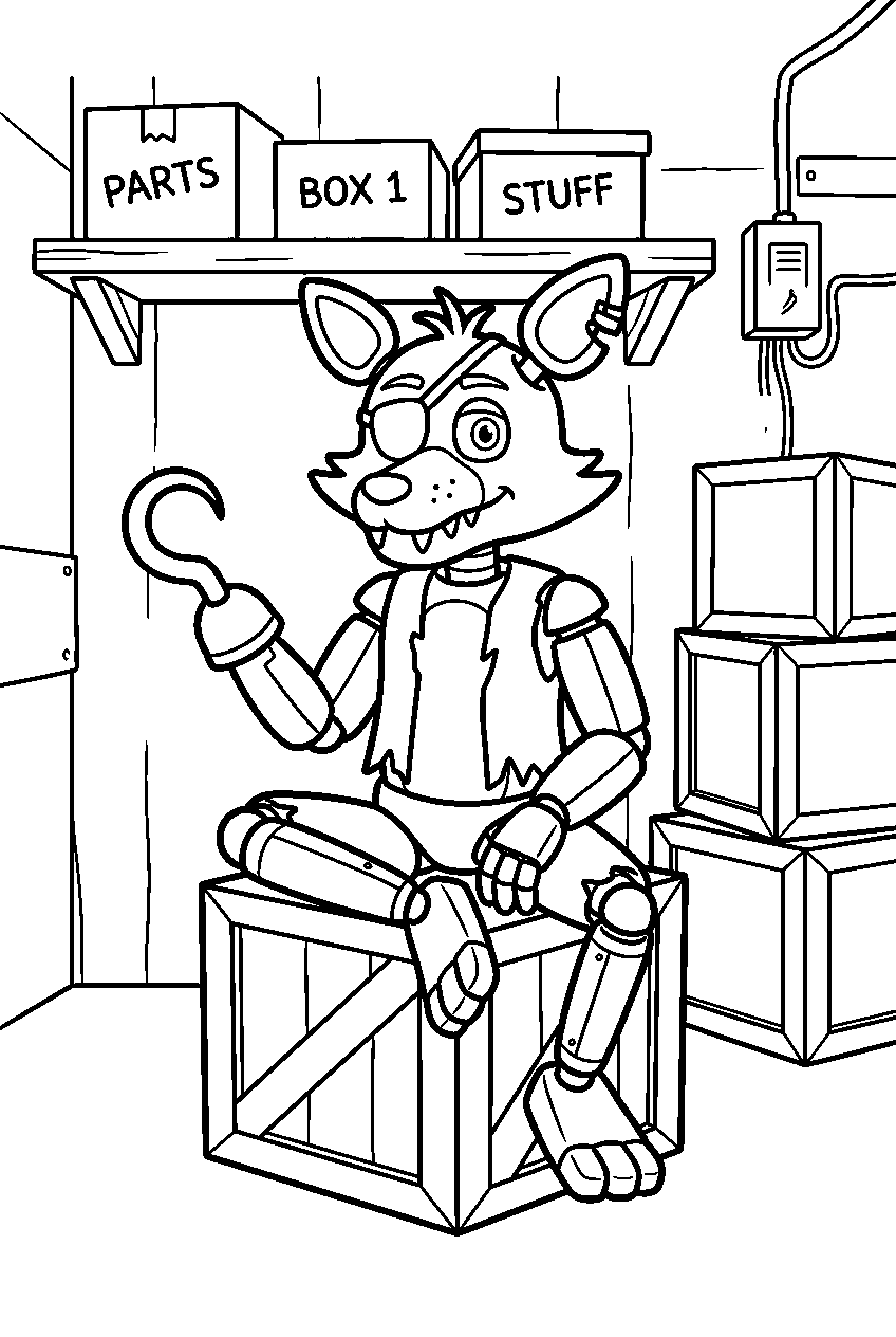 fnaf foxy sitting in storage room line art